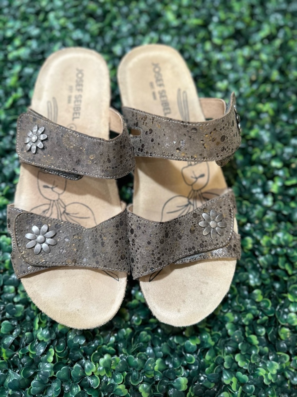 Josef Seibel Brown Floral Studded Leather Slide Sandals